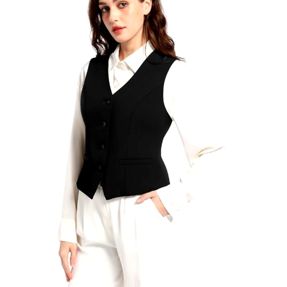 Women's Small Black Cropped V-Neck Button Front Top Sleeveless Jacket Vest